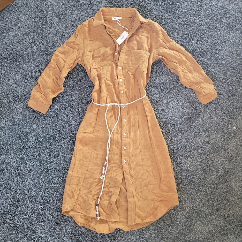 Heartloom Mustard Orange Yellow Maxi Dress Button Front With Beaded Braided Belt